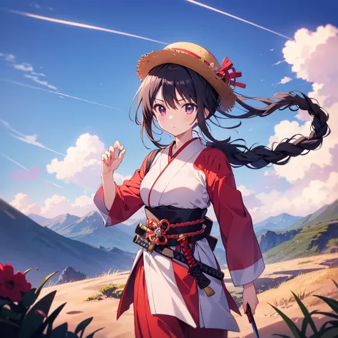 masterpiece, best quality, Ultra High Definition, Japanese Anime Style,, girls,   black hair,  low ponytail , Straw Braided Hat, Samurai costume, Sword on waist, Desolate Mountain Road,