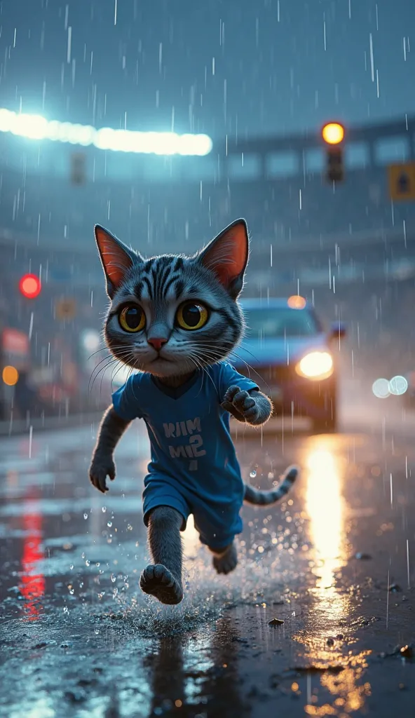 A hyper-realistic Pixar-style 3D scene of a small semi-human gray-striped cat-boy running desperately under heavy rain in a neon-lit city. His dark gray fur is streaked with black stripes, and he wears a soaked blue football jersey. His frightened eyes ref...