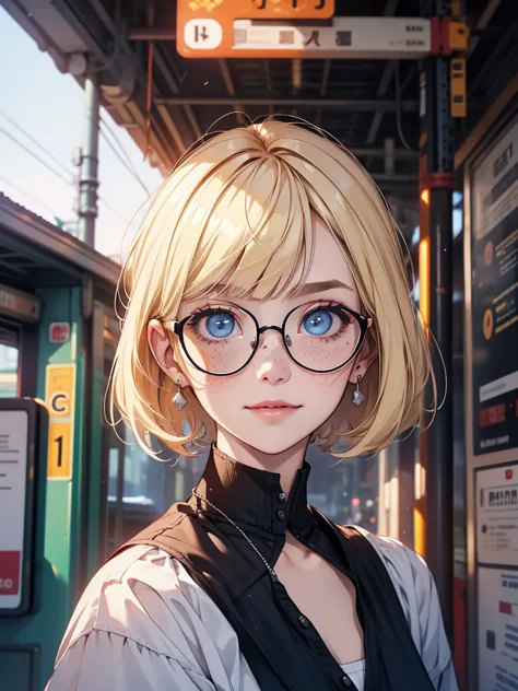 score_9, score_8_up, score_7_up, score_6_up, score_5_up, score_4_up, 1girl, (score_9, score_8_up:1.1), score_7_up, short blonde hair, blunt bangs, blue eyes, big squared eyeglasses, small breasts, slim, pale skin, freckles, standing, shy smile, closed lips...