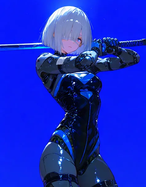  masterpiece、最  high quality 、  high quality 、  very aesthetic、  absurd、   latest、 dance、 pose 、  Girl dancing gray hair、 short hair、bandage、目にbandage、shiny blue plug suit、small breasts、 dance pose 、  Japanese sword、 holding a sword in one hand 、 holding a...