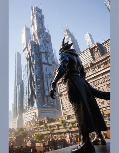 A furry male anthro dragon faced the Skyscrapers, cyberpunk type, epic scene