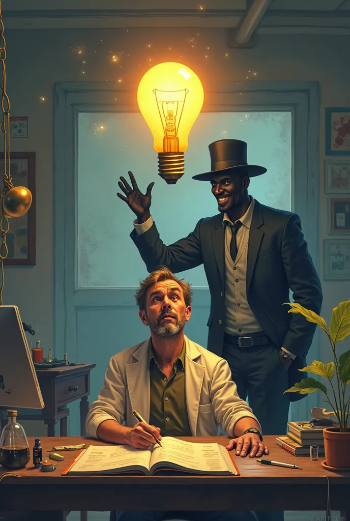 I want a 2D image that shows an inventor in his work space, a clean and tidy place, but that conveys the feeling that he is working hard and alone. The inventor  acaba de tener una idea brillante, represented by a light bulb burning above your head. Howeve...