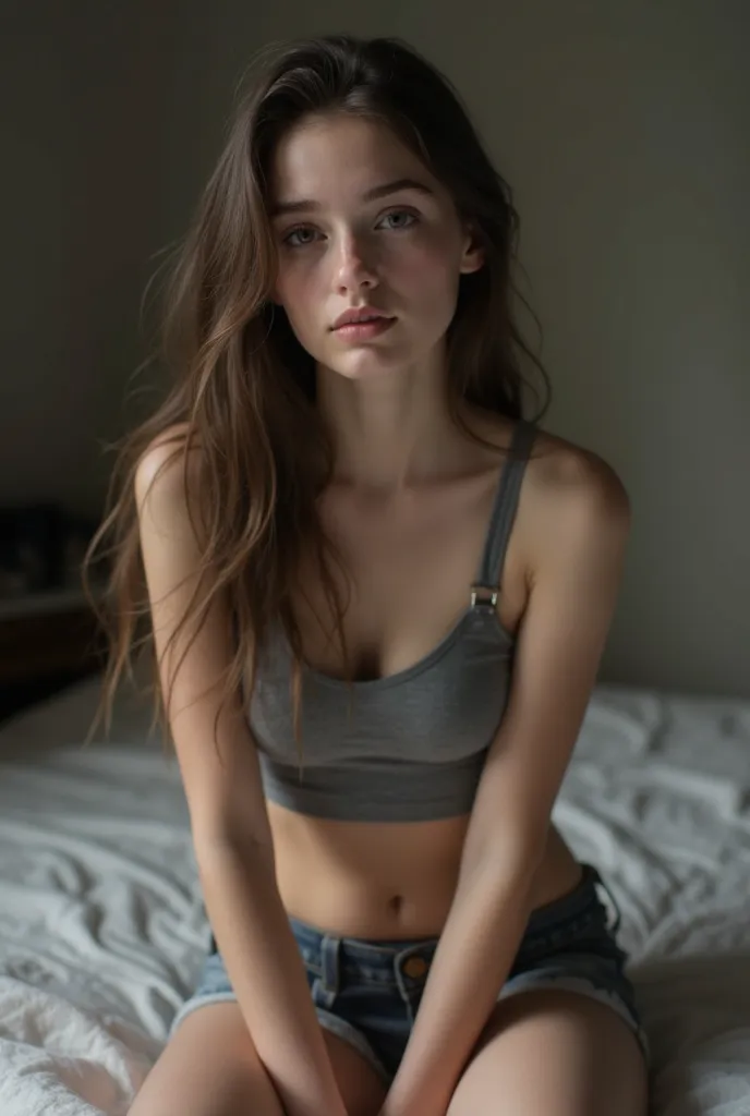 Realistic photographic style. A very young european girl who is 155 cm tall and has a skinny frame with a small chest, a round butt and nice thighs. She is pale, has dark brown hair that reaches to the middle of her back, dark eyes, with plump lips. She is...