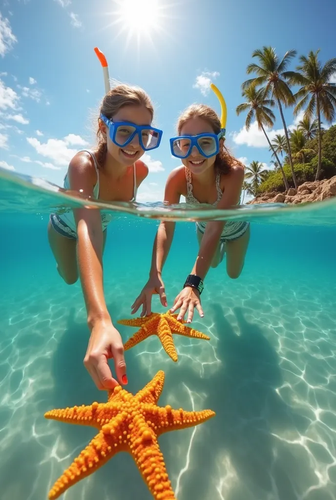 Ultra high quality, 16:9 aspect ratio, ultra-realistic quality. Two young women snorkeling just below the surface in clear, shallow tropical waters, reaching out to touch vivid orange and golden starfish on the ocean floor. The image is a split-view – the ...