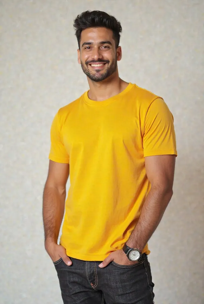 man with t-shirt yellow, dark jean pants and watch
