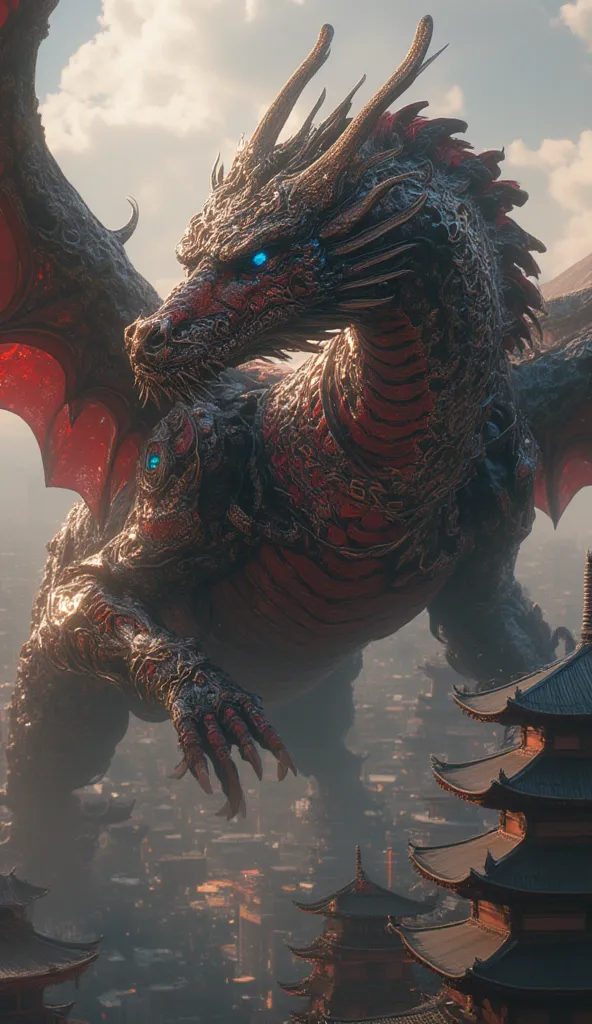 An asian beast dragon, clad in thick shining black and red scalemail majestic japanese samurai armor, flying in ancient tokyo sky. 