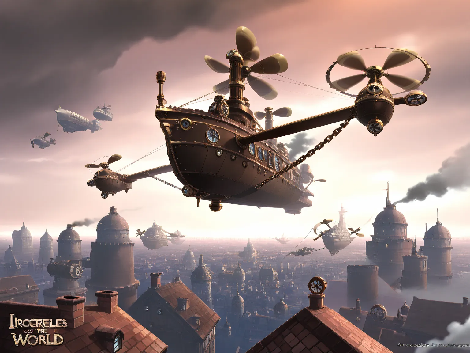 (incredible high resolution, masterpiece, highest quality, highly detailed, CG, official art), floating city, city floating in the air, steampunk world view, lots of propellers, huge propeller, big chimney, smoke, connected to the ground by huge chains, ai...