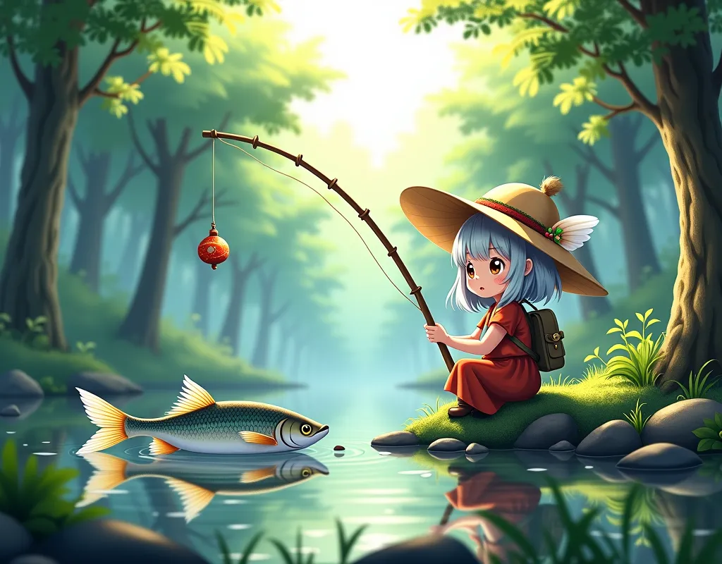 highest quality, Résolution ultra-haute,  Haute définition、style anime、(Happy scene), Transparent silver hair、Costume plume,Palm-sized fairies、 (background 、forêt de grands arbres、flux、some moss、sunlight)、 (A traveller catches a fish with a bamboo fishing ...