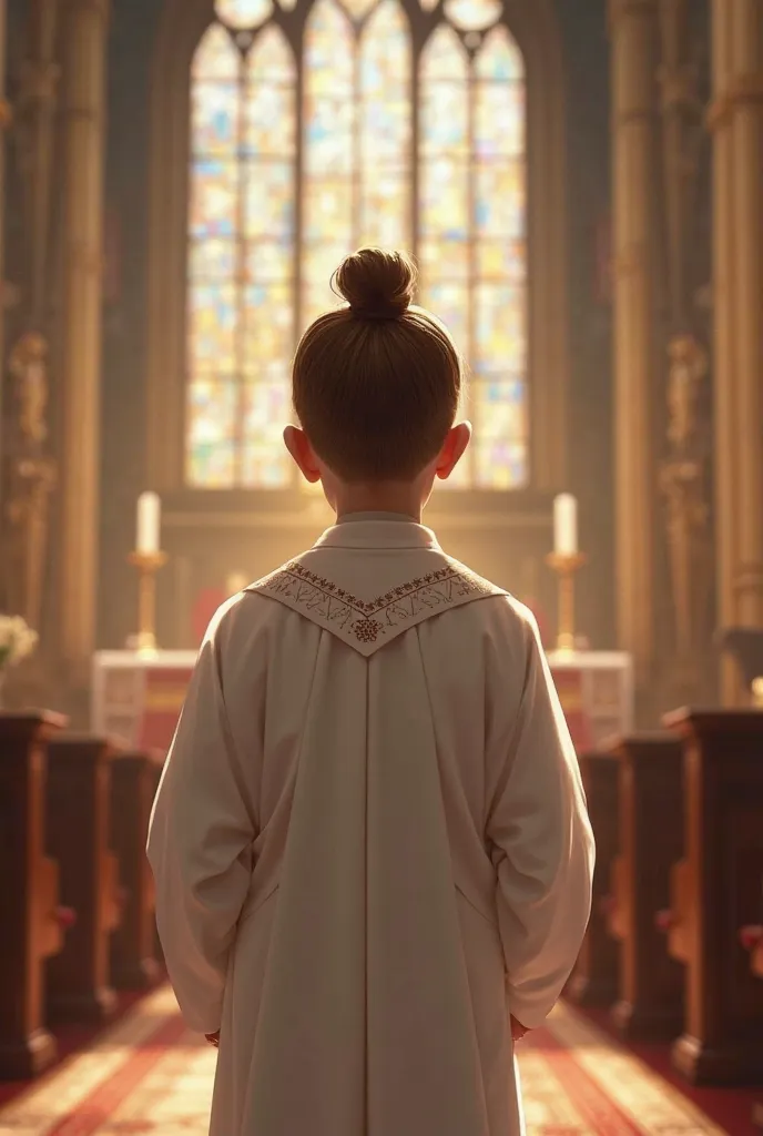  With your back but facing the church altar, Dressed as an altar boy with brown hair tied to a bun