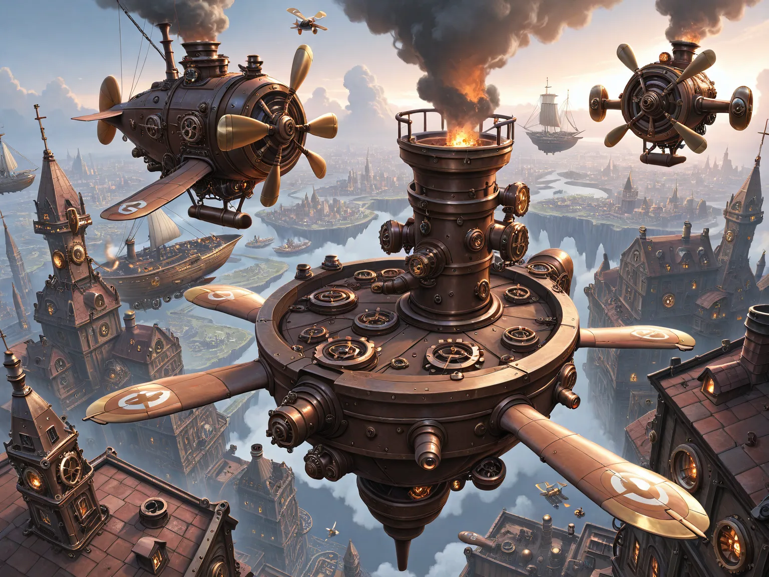 (incredible high resolution, masterpiece, highest quality, highly detailed, CG, official art), floating city, city floating in the air, steampunk world view, lots of propellers, huge propeller, big chimney, smoke, connected to the ground by huge chains, ai...