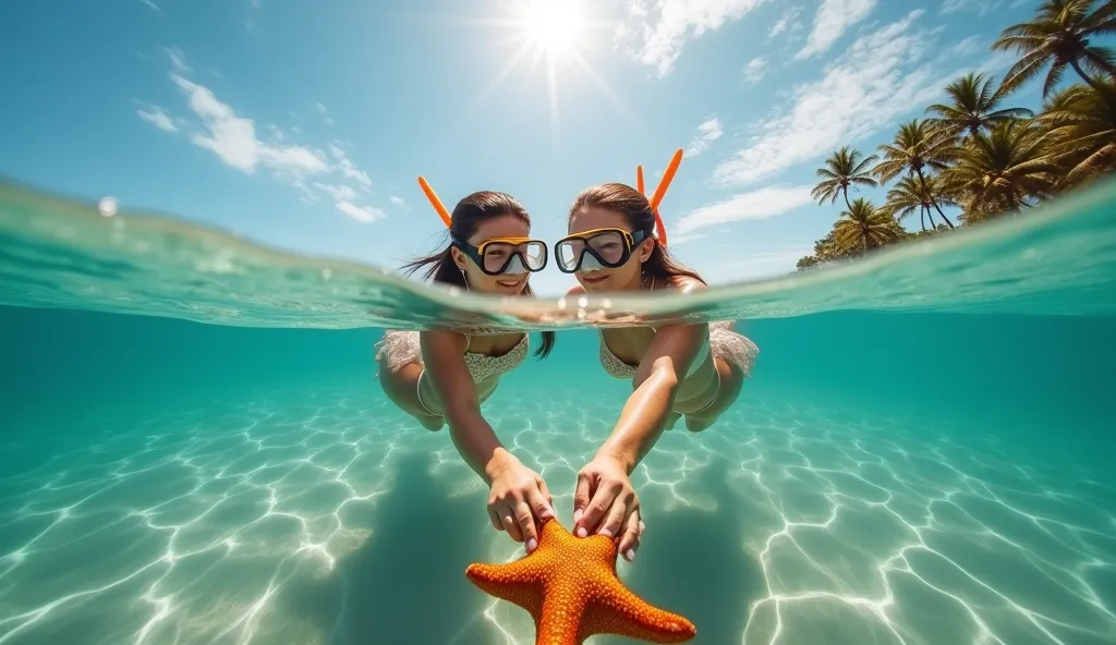 Ultra high quality, 16:9 aspect ratio, ultra-realistic quality. Two young women snorkeling just below the surface in clear, shallow tropical waters, reaching out to touch vivid orange and golden starfish on the ocean floor. The image is a split-view – the ...