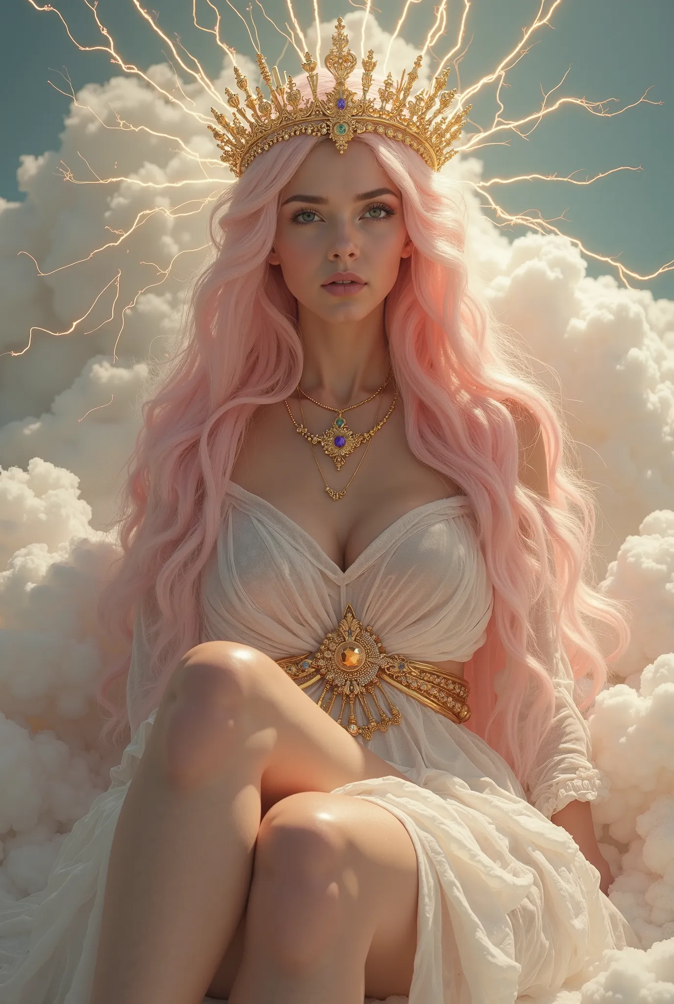 Goddess with light-pink hair, large breast and captivating eyes, wearing a golden tiara and translucent sheer robes that leave nothing to the viewers imagination. She sits on a thrown made of clouds electrical energy crackles around her.