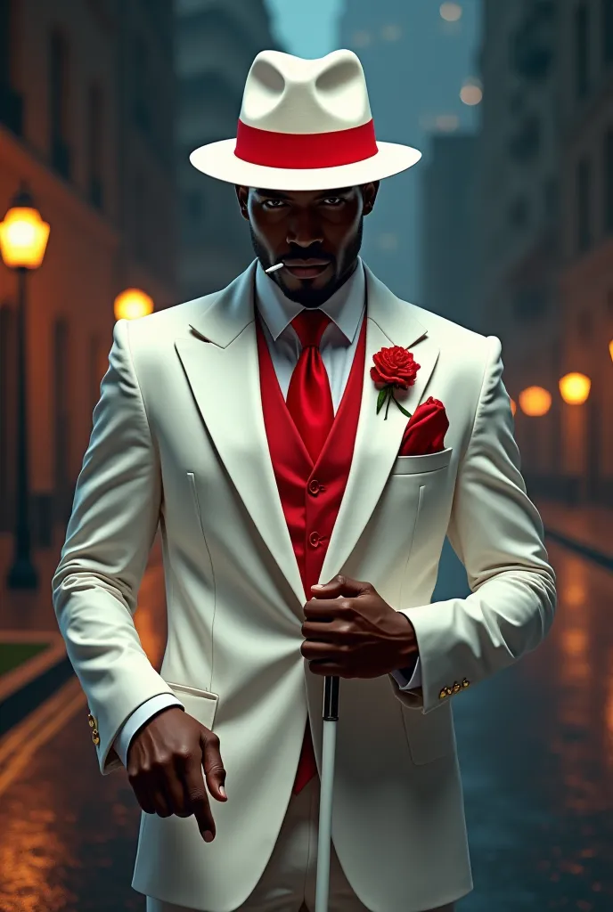 This digital painting or AI-generated image portrays a Black man dressed in an impeccably tailored white suit with striking red accents, exuding confidence, mystery, and authority. His posture is strong and composed, with a serious expression that enhances...