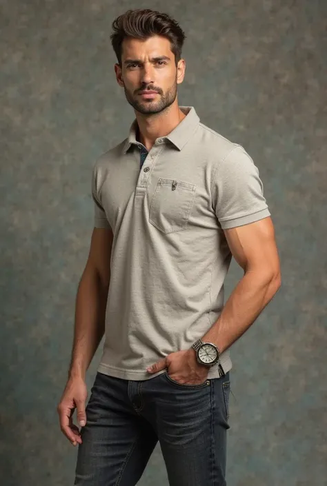 man with polo shirt , dark jean pants and watch
