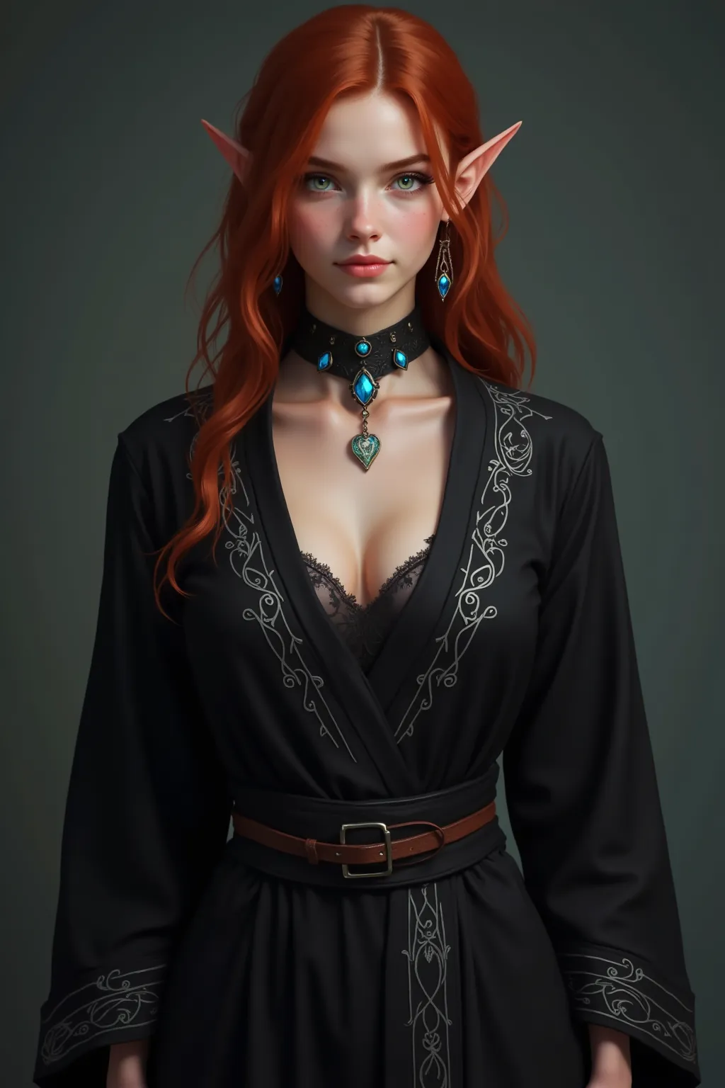 woman, 18 years old, natural red hair, her hair is straight and shoulder long, pointy ears, wears a black mages' one piece robe, the robe has silver embroideries, the robe shows no cleavage, wears a bra under the robe, around her neck is a black choker inl...