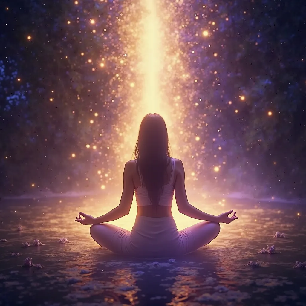 A mystical and serene background that represents deep energy healing and transformation. The scene should include a luminous energy field surrounding a meditating woman, symbolizing balance, clarity, and self-discovery. Ethereal light flows around her, rad...