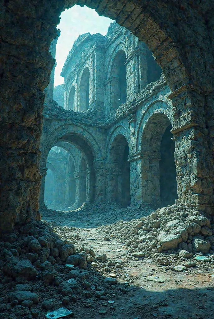 Une illustration ou photographie artistique représentant une maison en ruines a l'intérieur avec des fissures lumineuses, entourée de fragments de verre brisé et de lueurs dorées.une scénographie théâtrale 