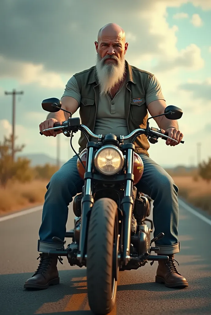 54 year-old badass man, complete bald, long white well-groomed beard, jeans and T-shirt, has a cigarette in the corner of his mouth, sits on his Harley-Davidson E-Glide.