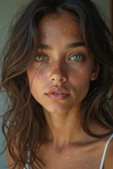 Create the image of a 17-year-old Brazilian, with Italian descent and green eyes 