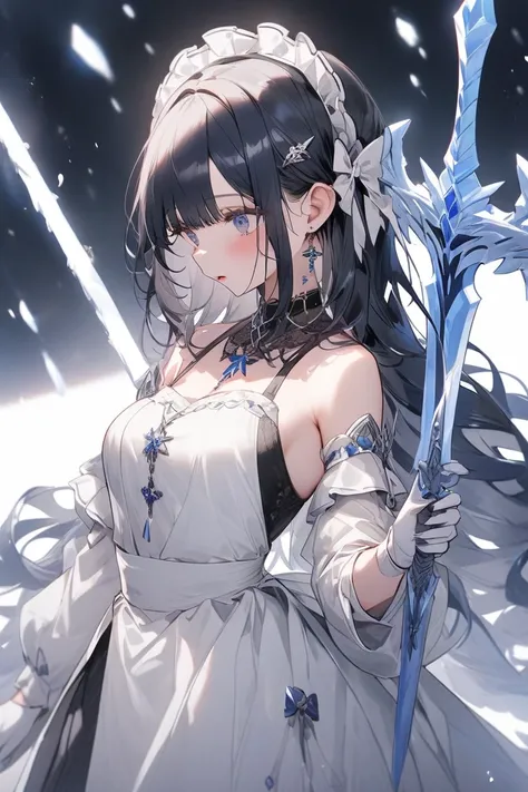 The blue-haired and silver-eyed maid　ice　Snow Woman　masterpiece　beautiful　top quality　adults　Manipulate dolls　longsword