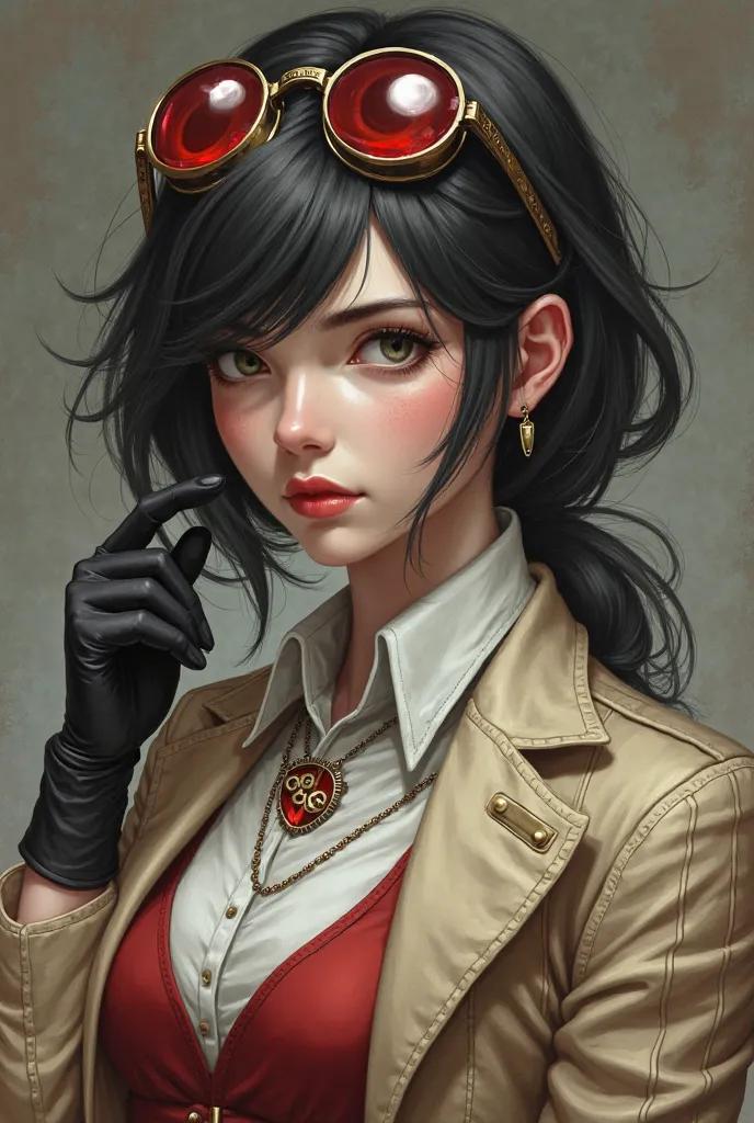 woman in her 20s,strong, with dark hair and some white patches in the corner of the hair, a white eye and a red, Antique round aviator glasses on the hair with bands that connect it to the hair, white skin with a white shirt, wearing a red vest, wearing a ...