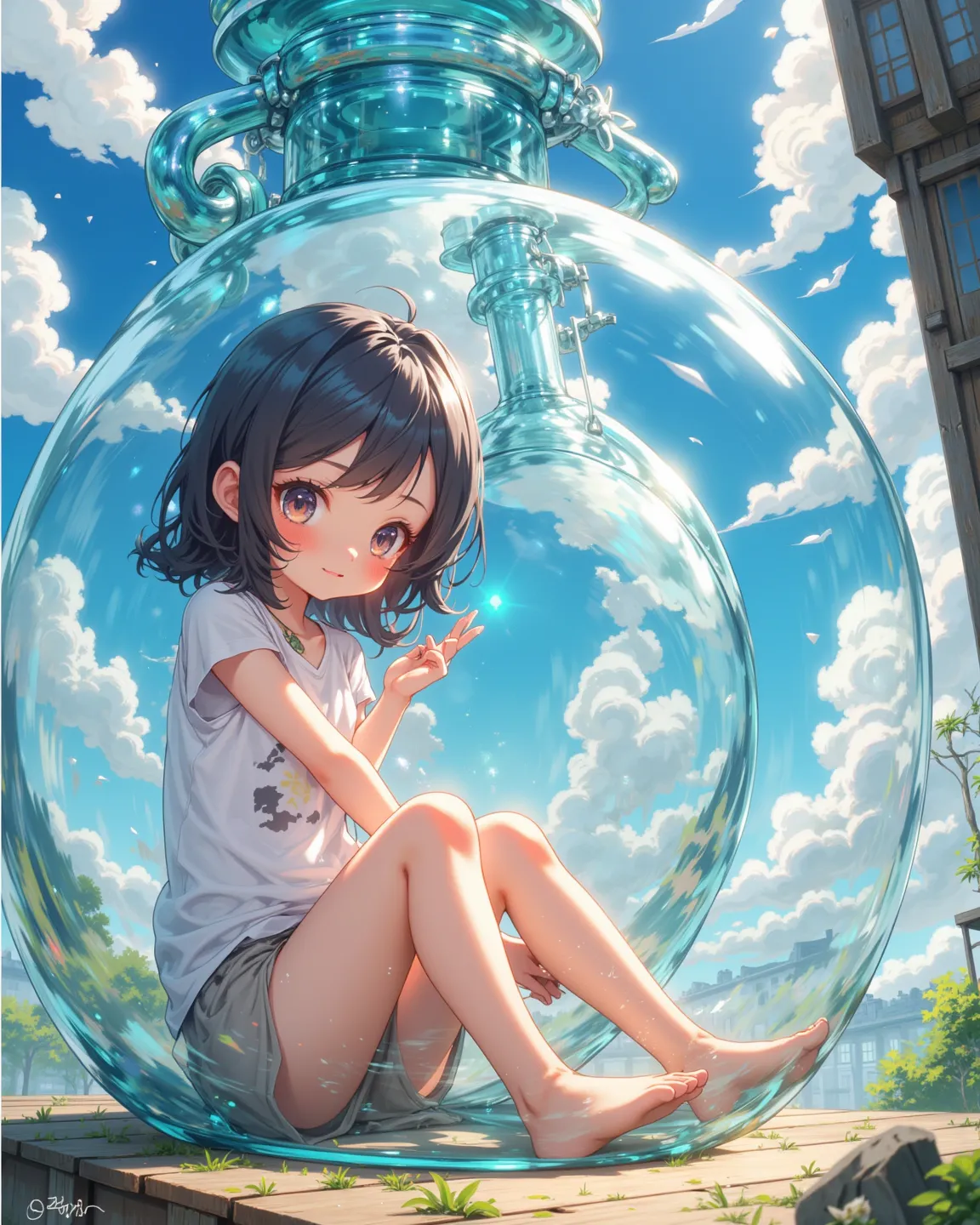 kawaii anime , petit girl , Thick eyebrows , sit down , knees up , glass Morphism , The world seen through bottle , closeup bottle , in the huge bottle , panty , Shoulder , flank , hip , Bottled Girl