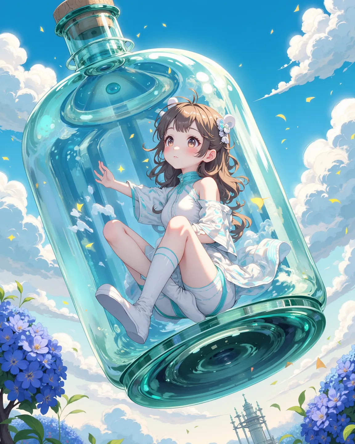 kawaii anime , petit girl , Thick eyebrows , sit down , knees up , glass Morphism , The world seen through bottle , closeup bottle , in the huge bottle , panty , Shoulder , flank , hip , Bottled Girl