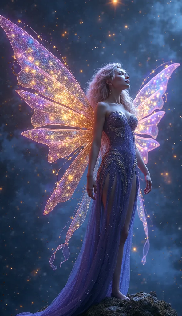 the cosmic fairy is in hues of deep indigo and gold, reminiscent of the mysterious space, luminescent wings with a palette of celestial colors, iridescent purples, blues, and silvers that mimic the glow of distant stars, glittering specks of stardust, her ...