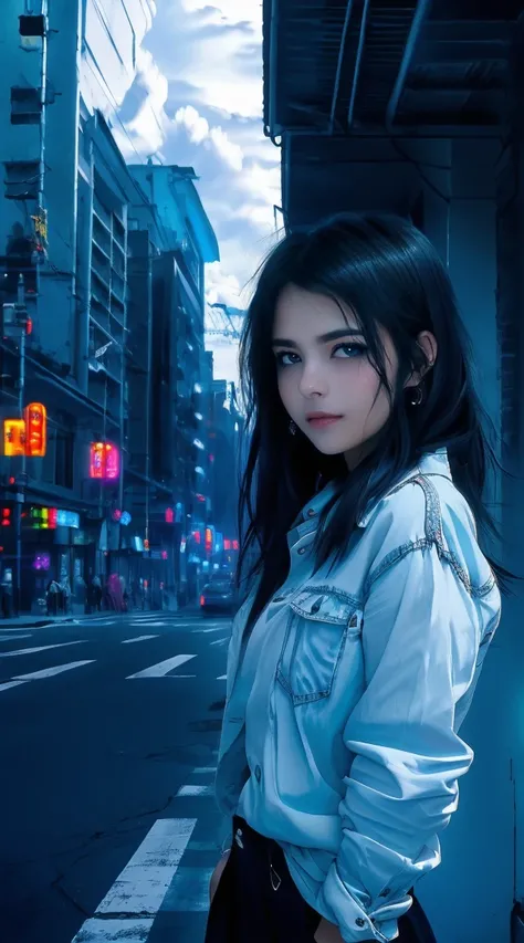 best image, master paintings，optimal quality，Raby，adult  woman，Beauthfull、very depressed，With short black hair，is crying，Looking at a cloudy sky、Neon street in the background、neon color is blue.1 girl, Light blue long hair, dark blue, sit in class, modern ...