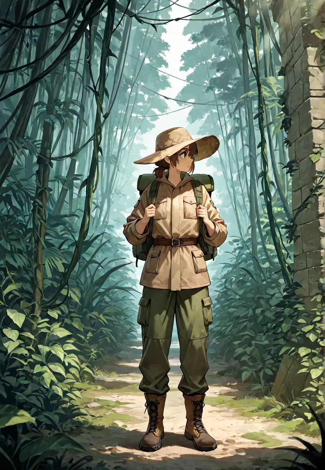 best quality, masterpiece, ultra-detailed, 8k resolution, female adventurer, wearing a rugged khaki jacket, cargo pants, hiking boots, and a wide-brimmed hat, carrying a backpack and a map, standing in a dense jungle with vines and ancient ruins, white bac...