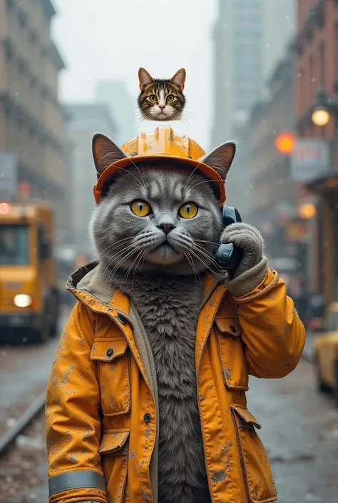 A gray cat Where he is wearing a very dirty safety jacket and a safety helmet on his head.And in the background, construction equipment and buildings.Then he went to a phone booth and talked on the phone.And a picture of a female cat floated above his head...