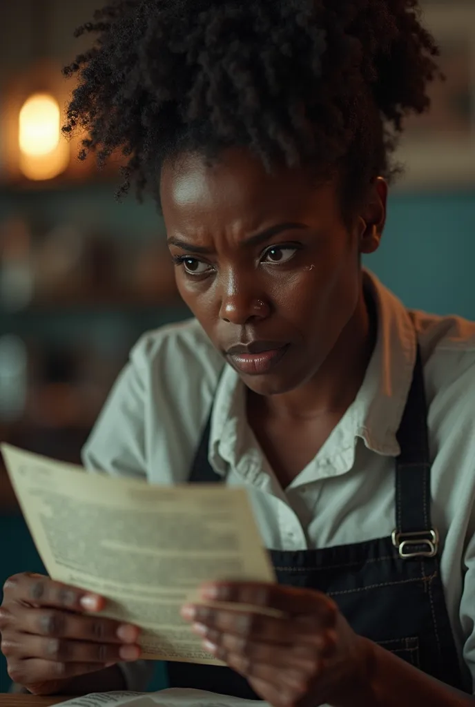 Black waitress reading a letter and crying a lot, tears falling, 4K