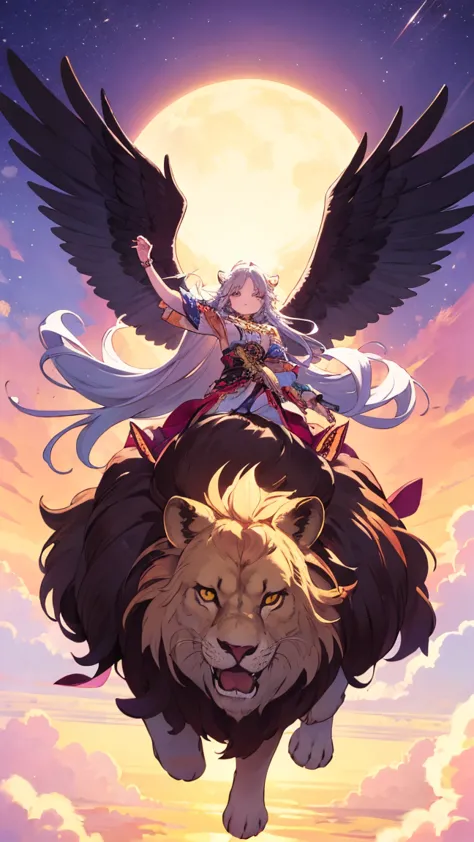  "A woman riding a griffin soaring through the sky. The griffin has majestic wings, a lion's body, and an eagle's head. The woman is wearing a flowing, magical outfit, her hair fluttering in the wind as they fly high above the clouds. The sky is vast, with...