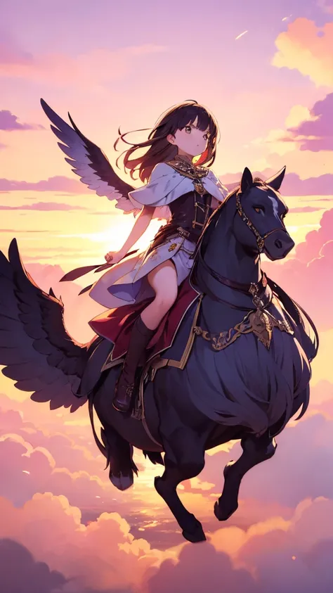  "A woman riding a griffin soaring through the sky. The griffin has majestic wings, a lion's body, and an eagle's head. The woman is wearing a flowing, magical outfit, her hair fluttering in the wind as they fly high above the clouds. The sky is vast, with...