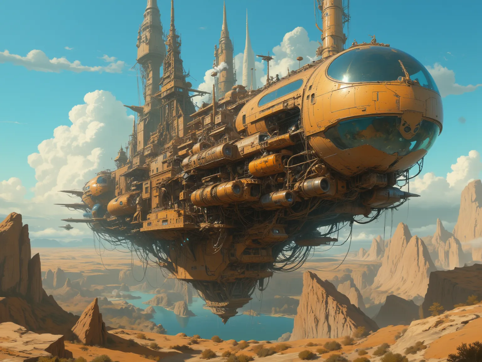 (incredible high resolution, masterpiece, highest quality, highly detailed, CG, official art), floating city, city floating in the air, steampunk world view, lots of propellers, huge propeller, big chimney, smoke, connected to the ground by huge chains, ai...