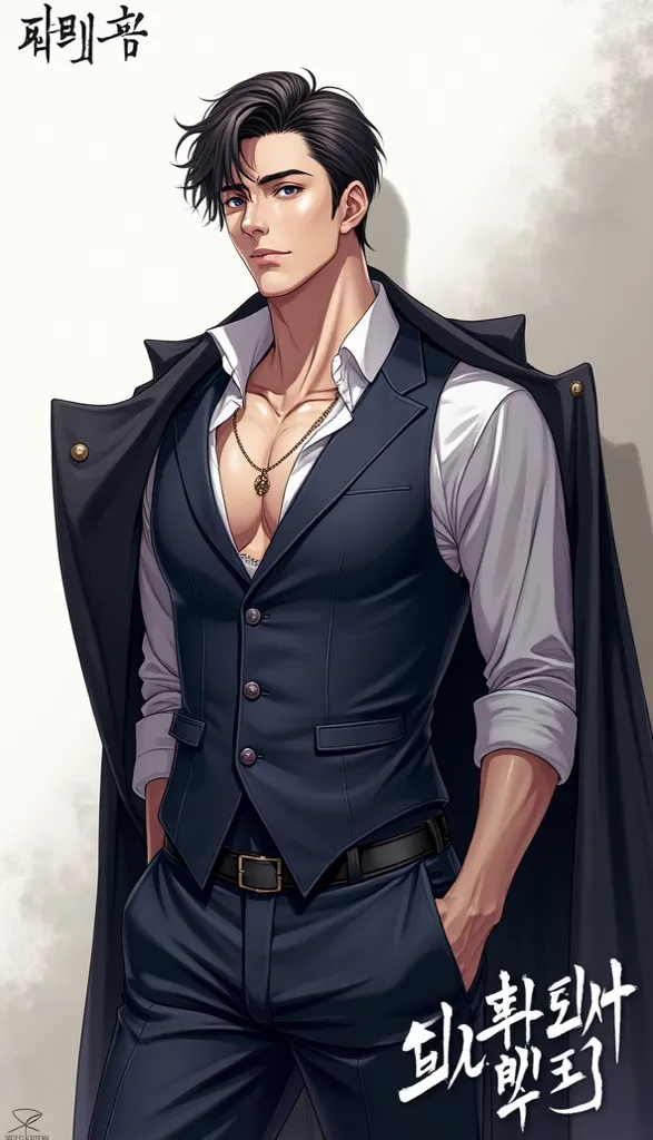 Manhwa characters. A white man with gray brown eyes and medium large black hair, dress with dark blue black vest and black dress pants,  In a sexy pose.  ultra details.
