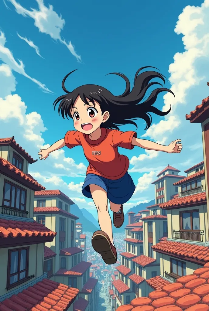 Action: The camera pans over the rooftops as Miyo runs through the streets, pretending to be happy. In anime character the anime call a whisker away in Japanese big age girl 