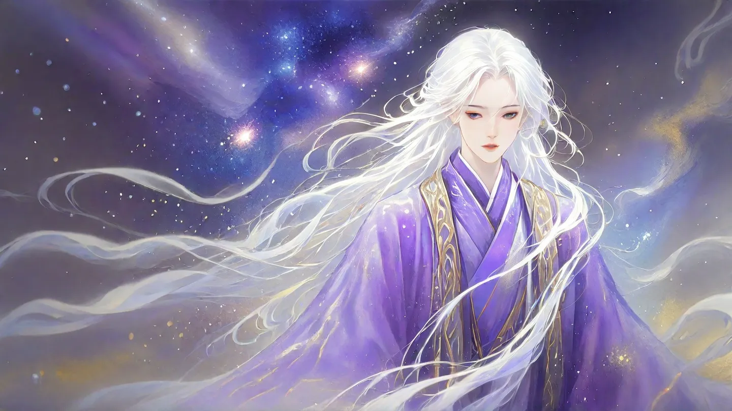 Image is a digital fantasy artwork featuring a mystical figure with long, flowing white hair cascading down their back. The figure is dressed in an elaborate, deep purple robe adorned with gold accents, creating a regal appearance. The robe's fabric appear...