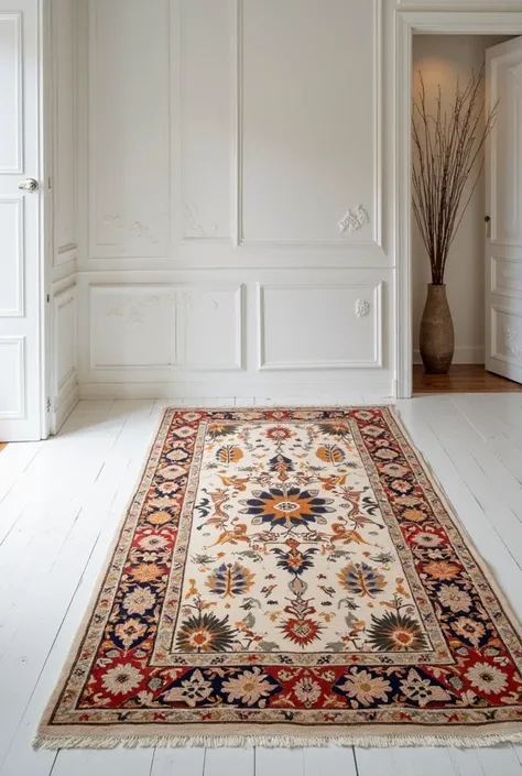 Draw a butler rug pattern. Floor color white, Let there be no more than 8 colors in the motifs.