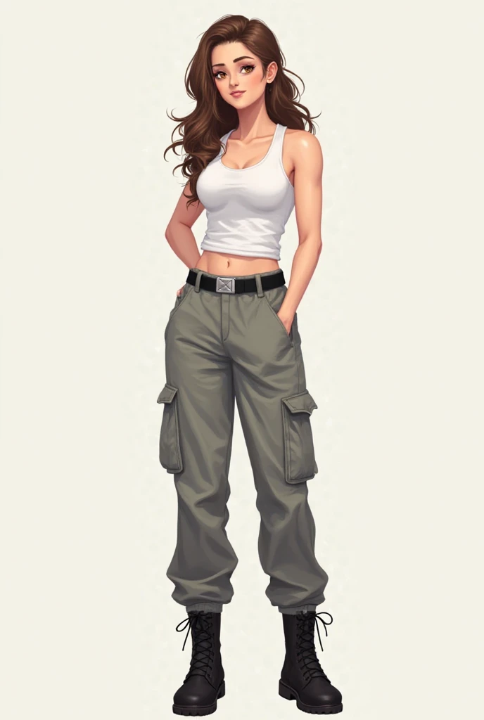 Anime adult girl, full body view, slim figure, wearing sleeveless basic white tank top, long baggy grey cargo pants with black belt with silver buckle around the waist and black combat boots. long brown hair, tan skin. One hand on hip