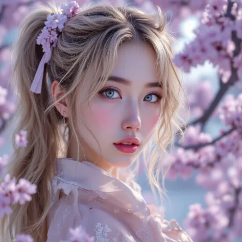 (best quality: 1.4), High Resolution, masterpiece, 32K, Ultra High Definition, very beautiful girl masterpiece,  sexy blonde from Harajuku , long hair, ponytails for beautiful people, blue eyes, expressive eyes,  detailed skin, realistic skin texture, text...