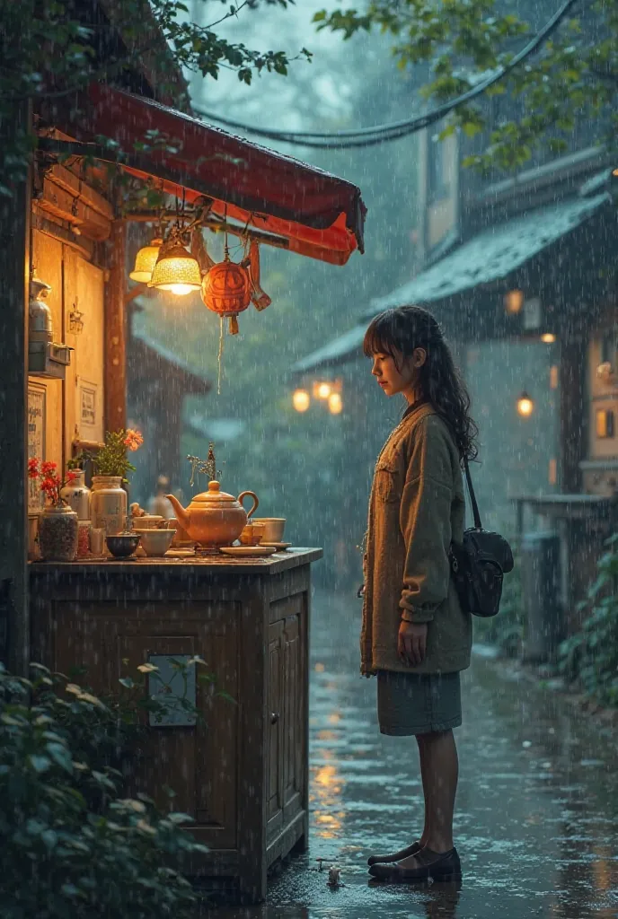 The rain starts to pour a little harder. The girl slowly walks up to the tea vendor.  
"Two cups of tea, please. Make one a little sweeter," she says softly, with a faint smile.  
As the tea brews, she waits quietly. When she picks up the cups, her hands t...