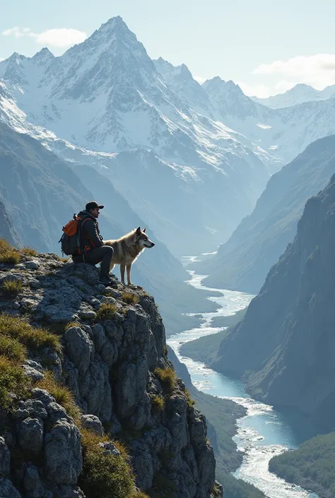 Man with wolf and you're siting on the top mountain having a wonderful view of some river and peak in front of you.
