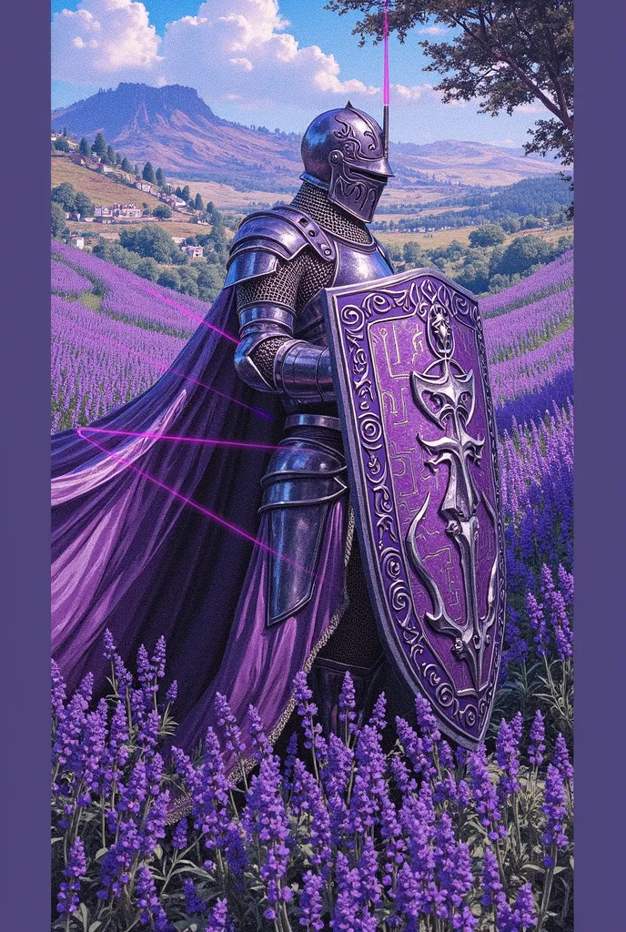 Create a knight with silver armor and black details, purple rays come out of his eyes., And a Dark Fantasy-style medium sword.