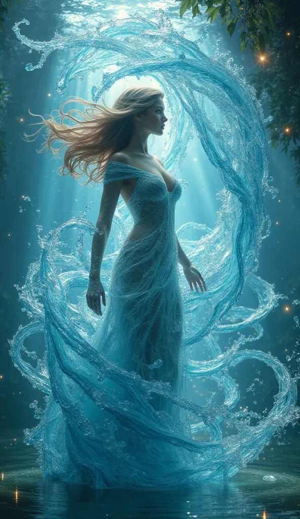 hyperrealistic epic picture a beautiful water woman engulfed in mystic magic water twisters formed like a dress out of mystic magic water,  background mytsic magic atmossphere with luminisence effects