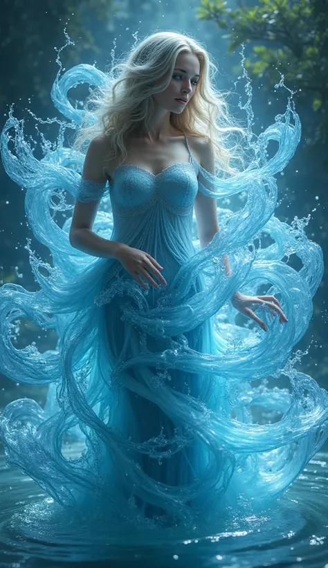 hyperrealistic epic picture a beautiful water woman engulfed in mystic magic water twisters formed like a dress out of mystic magic water,  background mytsic magic atmossphere with luminisence effects