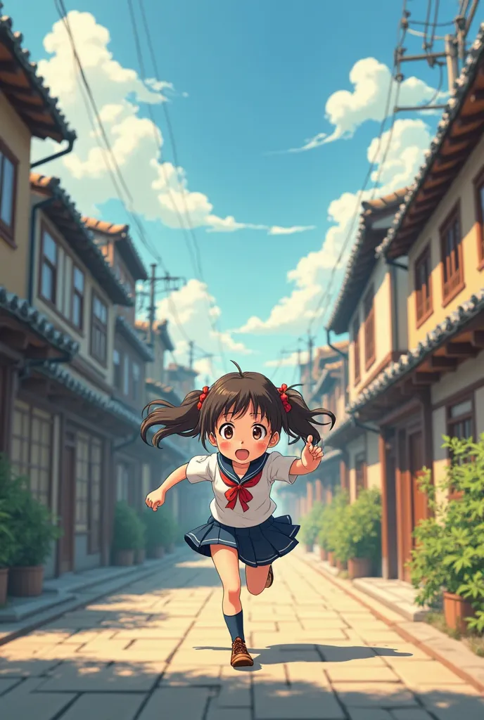 Action: The camera pans over the rooftops as Miyo runs through the streets, pretending to be happy. In anime character the anime call a whisker away in Japanese school girl 