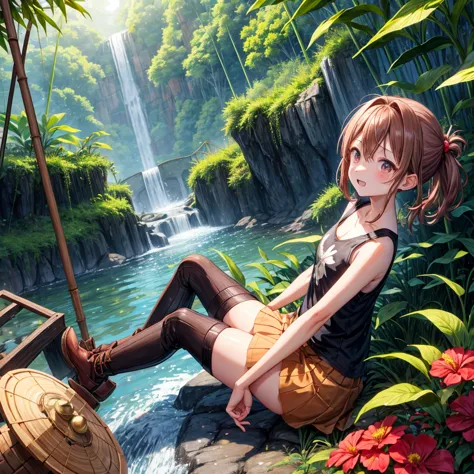 pink brown brown gold hair、 eye、  Has hair tied  、Two cute people、 Check Mini Skirt、  black t-shirt、 Light clothing、 tank top、 camisole、high socks、 Boots、 teeth inside、  The Road Is Crooked 、Mountain々、Stick together  、 bamboo forest、 chest pocket  、rock sa...