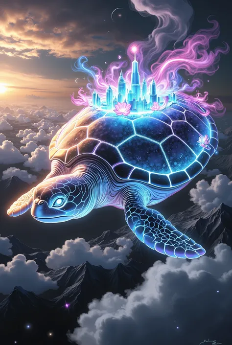 Giant Floating Turtle,Aerial City Built on the Back of a Turtle,4K high definition,realistic,professional,High Dynamic Range,Ultra HD,studio lighting tinged with Romani melancholy,extreme detail,physically-based rendering,Brilliant Colors,Bokeh,Spectacular...