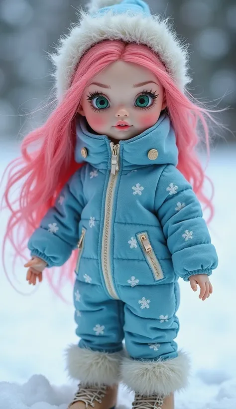 Pretty girl doll green eyes pink hair .dressed in a blue winter jumpsuit and furred boot. Veste  Antarctique 